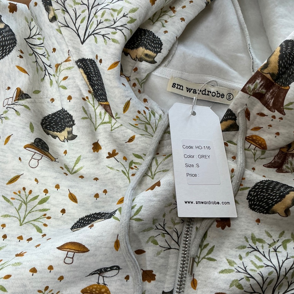 SM Wardrobe Hedgehog Mushroom Woodland Print Zip Up Hoodie Grey Small HO-116 - Picture 3 of 7